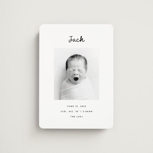 This is a snow birth announcement magnets with standard by AK Graphics called cursive printing on magnet paper in magnet
