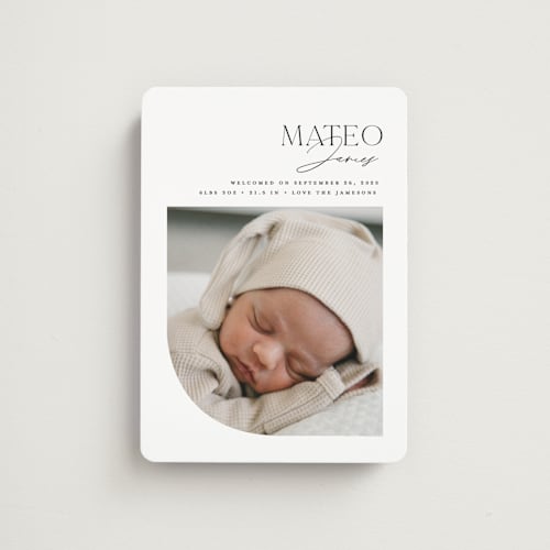 This is a snow birth announcement magnets with standard by Erin Deegan called modern arc printing on magnet paper in magnet