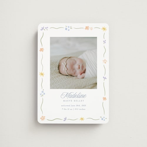 This is a bouquet birth announcement magnets with standard by Robert and Stella called petite garden printing on magnet paper in magnet