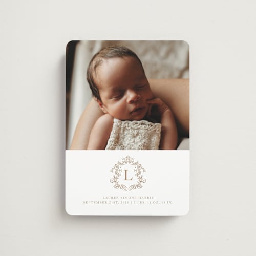 This is a fawn birth announcement magnets with standard by mo kelley called crested printing on magnet paper in magnet