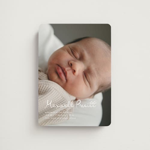 This is a snow birth announcement magnets with standard by Lauren Chism called written whimsy printing on magnet paper in magnet
