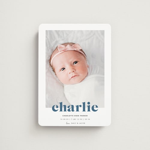 This is a bluebird birth announcement magnets with standard by Shirley Lin Schneider called bold nickname printing on magnet paper in magnet