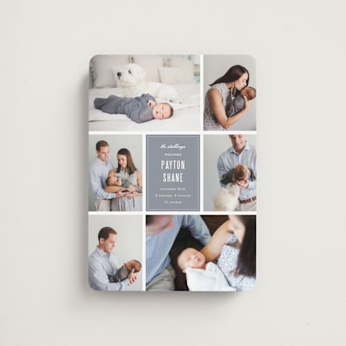 This is a graphite birth announcement magnets with standard by Sara Hicks Malone called distinguished printing on magnet paper in magnet