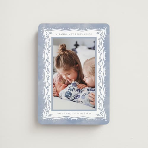 This is a cornflower birth announcement magnets with standard by Chris Griffith called baby frame printing on magnet paper in magnet