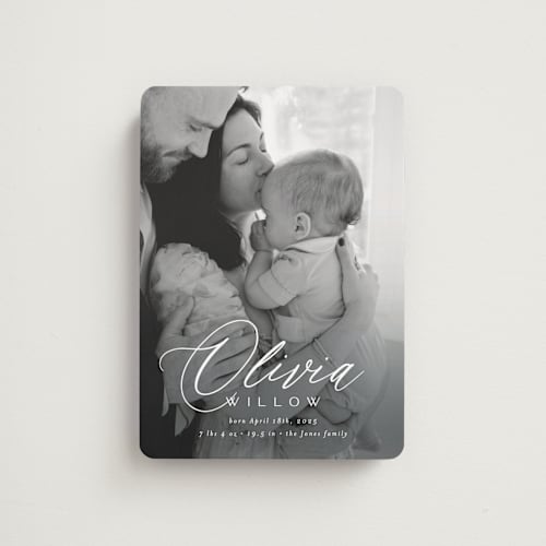 This is a cloud birth announcement magnets with standard by Everett Paper Goods called serenity printing on magnet paper in magnet