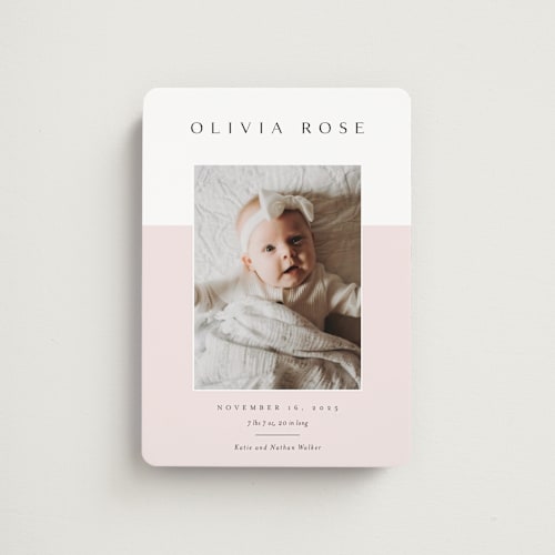 This is a peony birth announcement magnets with standard by Kasia Labocki called cherished printing on magnet paper in magnet