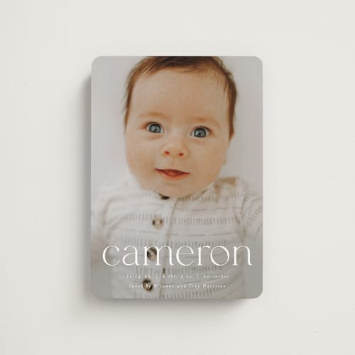 This is a cloud birth announcement magnets with standard by Ekko Studio called classy name printing on magnet paper in magnet