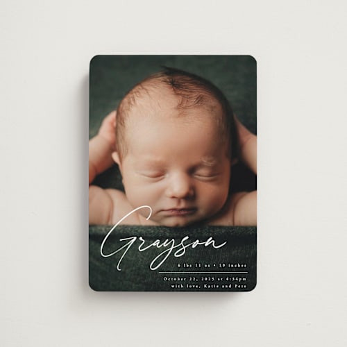 This is a frost birth announcement magnets with standard by Everett Paper Goods called linear printing on magnet paper in magnet
