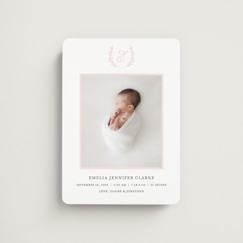This is a peony birth announcement magnets with standard by Vanessa Doyle called monogram laurel printing on magnet paper in magnet