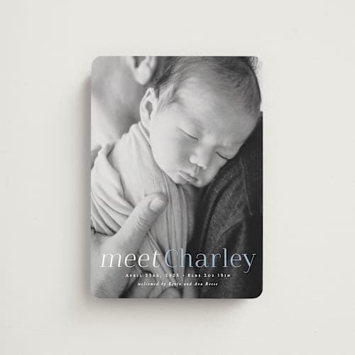 This is a sky blue birth announcement magnets with standard by Hooray Creative called meet charley printing on magnet paper in magnet