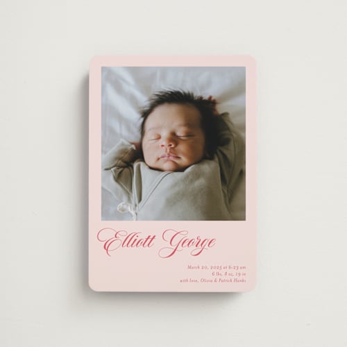 This is a strawberry birth announcement magnets with standard by Megan Davis called hollis printing on magnet paper in magnet