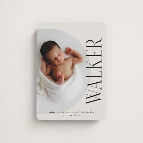 This is a cream birth announcement magnets with standard by Brianne Larsen called round printing on magnet paper in magnet