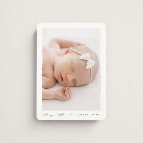 This is a snow birth announcement magnets with standard by Pixel and Hank called edgy printing on magnet paper in magnet