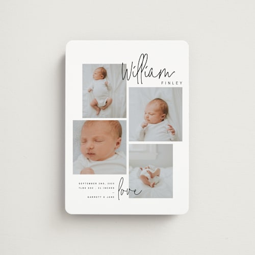 This is a onyx birth announcement magnets with standard by Lindsay Stetson Thompson called overjoyed script printing on magnet paper in magnet