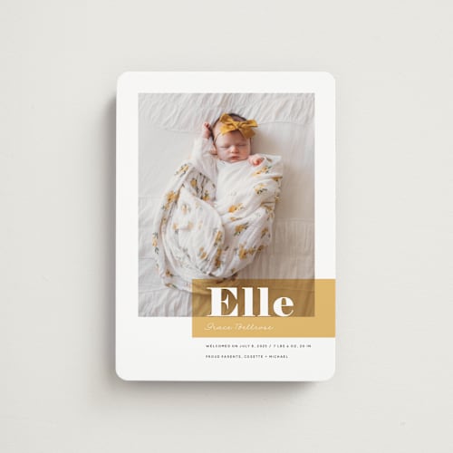 This is a marigold birth announcement magnets with standard by Maria Hilas-Louie called magazine block printing on magnet paper in magnet