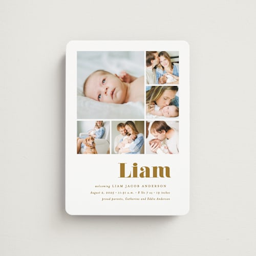 This is a golden birth announcement magnets with standard by Ana Sharpe called bold arrival printing on magnet paper in magnet