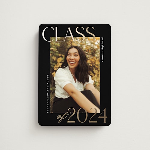 This is a licorice graduation announcements with foil pressed by Jessica Williams called scholarly surround printing on magnet paper in magnet