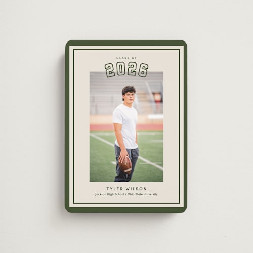 This is a forest graduation announcements with standard by Megan Cash called varsity year printing on magnet paper in magnet