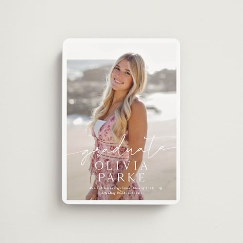 This is a snow graduation announcements with standard by Sarah Curry called graduate script printing on magnet paper in magnet