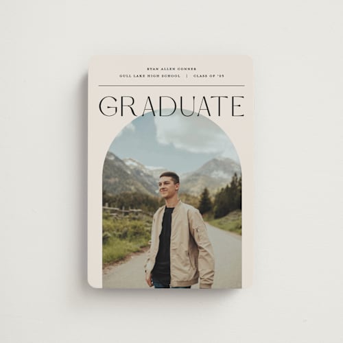 This is a ivory graduation announcements with standard by Pixel and Hank called vision printing on magnet paper in magnet