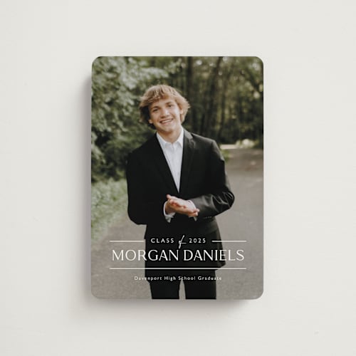 This is a eggshell graduation announcements with standard by Carolyn MacLaren called grad in overlay printing on magnet paper in magnet