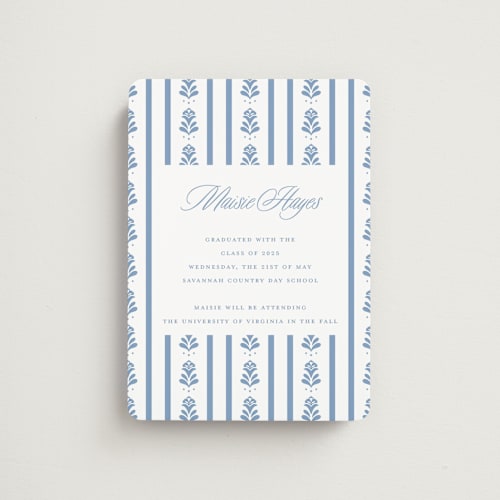 This is a provincial blue graduation announcements with standard by Erin German called sweet garden printing on magnet paper in magnet