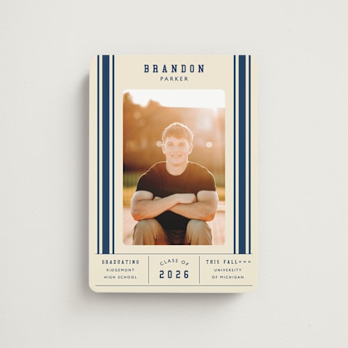 This is a navy graduation announcements with standard by Sarah Rosenthal called mvp printing on magnet paper in magnet