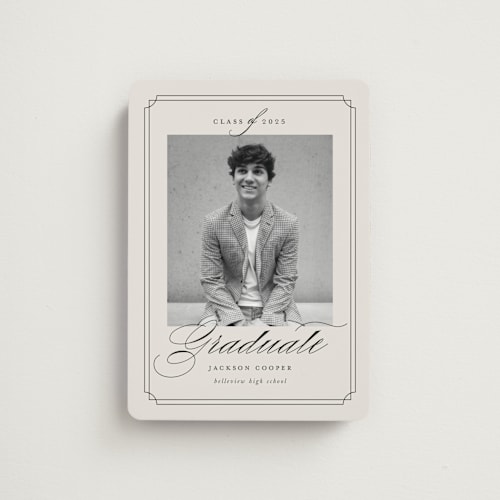 This is a taupe graduation announcements with standard by Ashley Iwafuchi called refined grad printing on magnet paper in magnet
