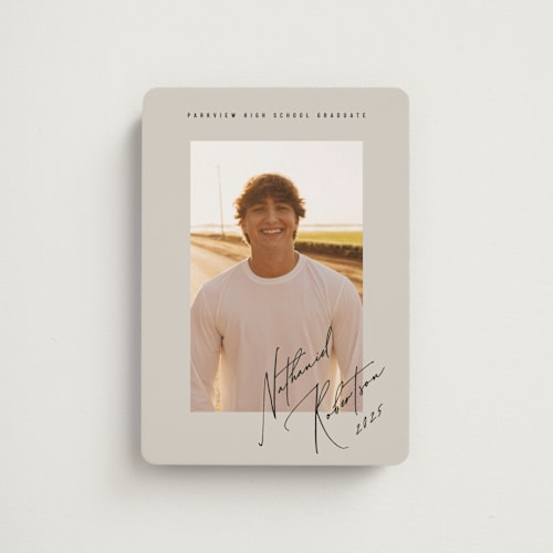 This is a sandstone graduation announcements with standard by Stacy Maalouf called grad signature printing on magnet paper in magnet