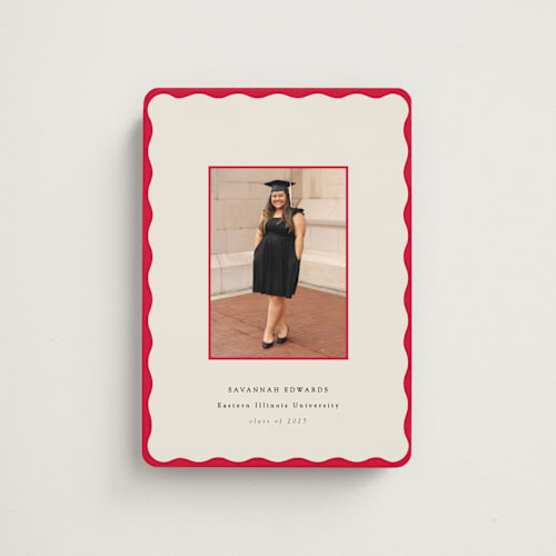 This is a crimson graduation announcements with standard by Baumbirdy called decorative frame printing on magnet paper in magnet