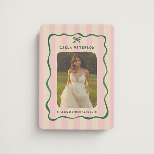 This is a raspberry matcha graduation announcements with standard by Vera Lim called whimsical stripes printing on magnet paper in magnet