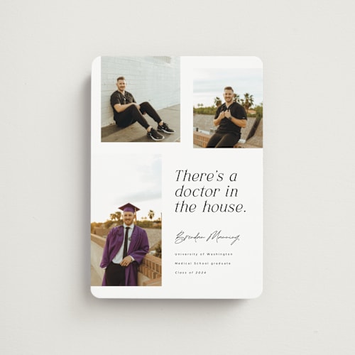 This is a domino graduation announcements with standard by Corinne Malesic called doctor in the house printing on magnet paper in magnet