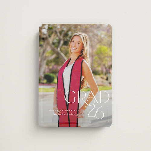 This is a snow graduation announcements with standard by Lauren Chism called broken border printing on magnet paper in magnet