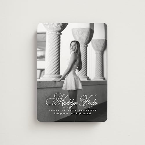 This is a salt graduation announcements with standard by Lea Delaveris called with a flourish printing on magnet paper in magnet