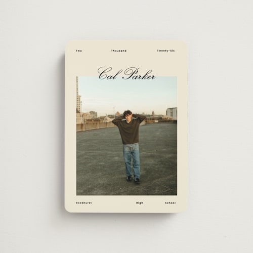 This is a sand graduation announcements with standard by Rachel Cassel called perfectly scripted printing on magnet paper in magnet