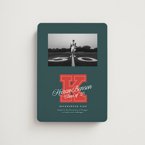 This is a forest graduation announcements with standard by Leia Matt called varsity initial printing on magnet paper in magnet