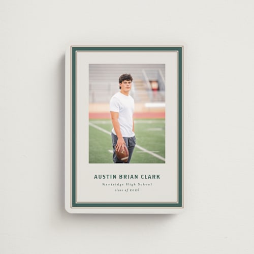 This is a evergreen graduation announcements with standard by Angela Garrick called varsity frame printing on magnet paper in magnet