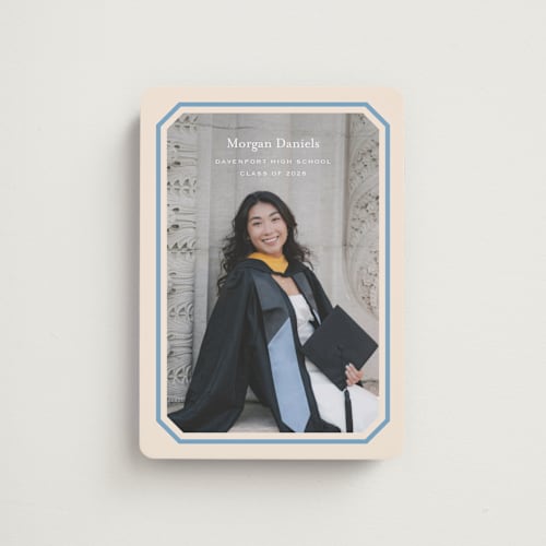 This is a robins egg graduation announcements with standard by Carolyn MacLaren called angled frame printing on magnet paper in magnet