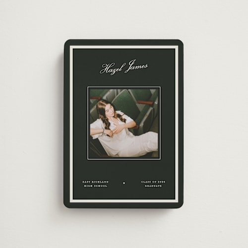 This is a jade graduation announcements with standard by Pixel and Hank called prepped printing on magnet paper in magnet