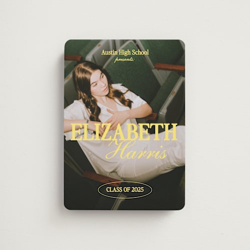 This is a butter graduation announcements with standard by Helena Vitto called good times co. printing on magnet paper in magnet