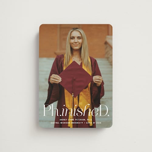 This is a cloud graduation announcements with standard by Heather Schertzer called ph.inished. printing on magnet paper in magnet