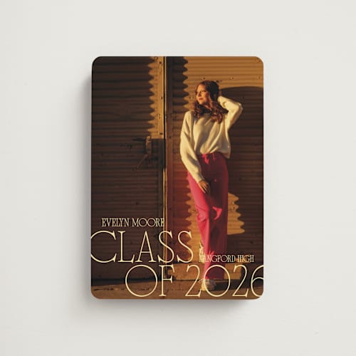This is a golden hour graduation announcements with standard by Leia Matt called edge play printing on magnet paper in magnet