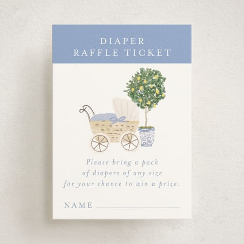 This is a periwinkle baby shower insert cards with standard by Jenna Holcomb called topiary printing on signature in standard