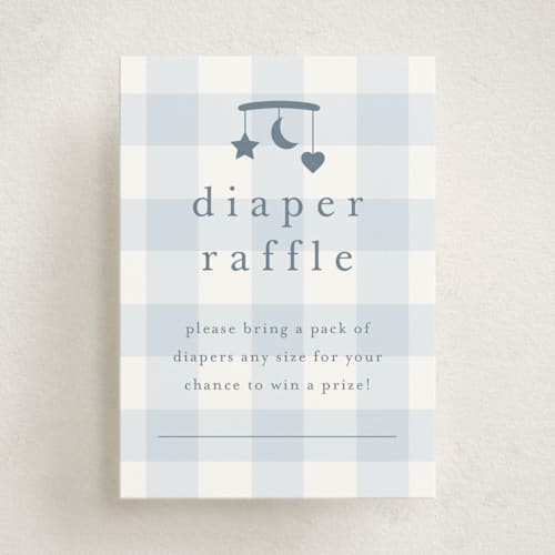 This is a baby blue baby shower insert cards with standard by Stacey Meacham called gingham mobile printing on signature in standard