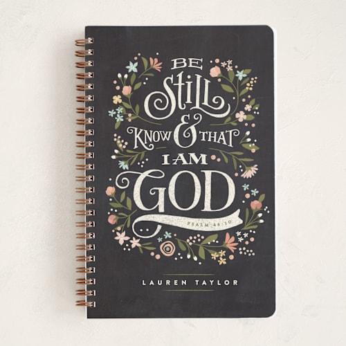 This is a chalkboard journals with standard by Jennifer Wick called be still i printing on premium cover stock in notebook