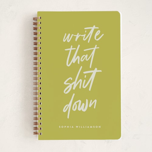 This is a chartreuse journals with standard by JoAnn Jinks called write it down printing on premium cover stock in notebook