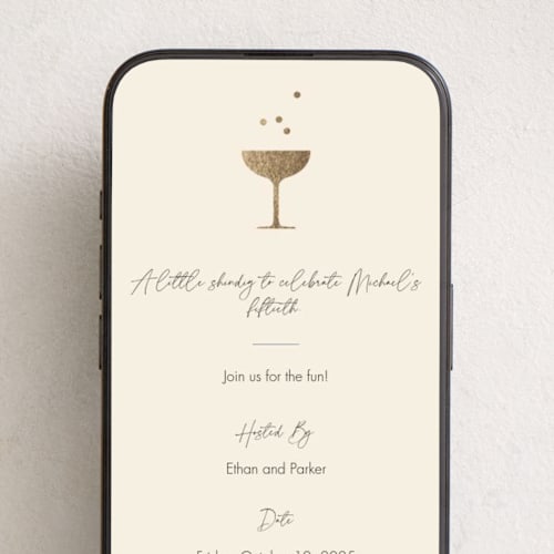 This is a champagne online birthday invitations by mo kelley called a little shindig printing on digital paper in standard