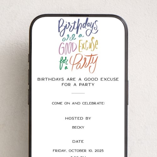 This is a rainbow online birthday invitations by Inkblot Design called good excuses printing on digital paper in standard