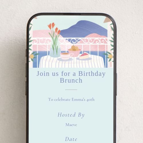 This is a clear blue online birthday invitations by Sabrin Deirani called relax birthday brunch printing on digital paper in standard