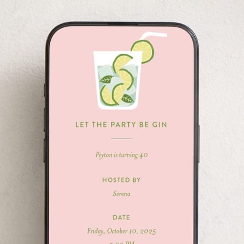 This is a pink gin online birthday invitations by Kampai Designs called be gin printing on digital paper in standard